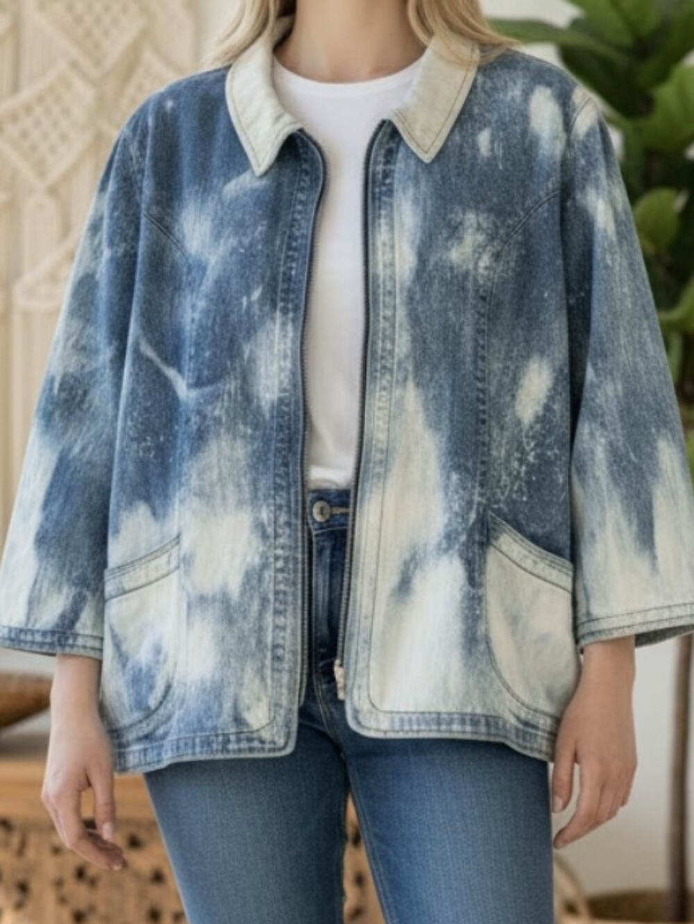 City Blues by Koret Upcycled Denim Jacket XL Zip Front Patch Pockets